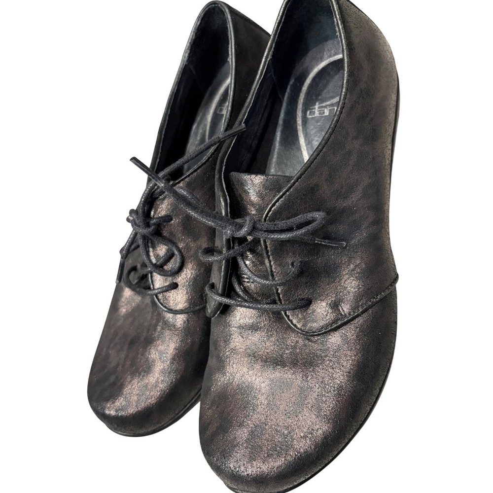 Dansko Womens 7.5/38 Metallic Bronze Black Leopard Print Leather Lace Up Oxfords